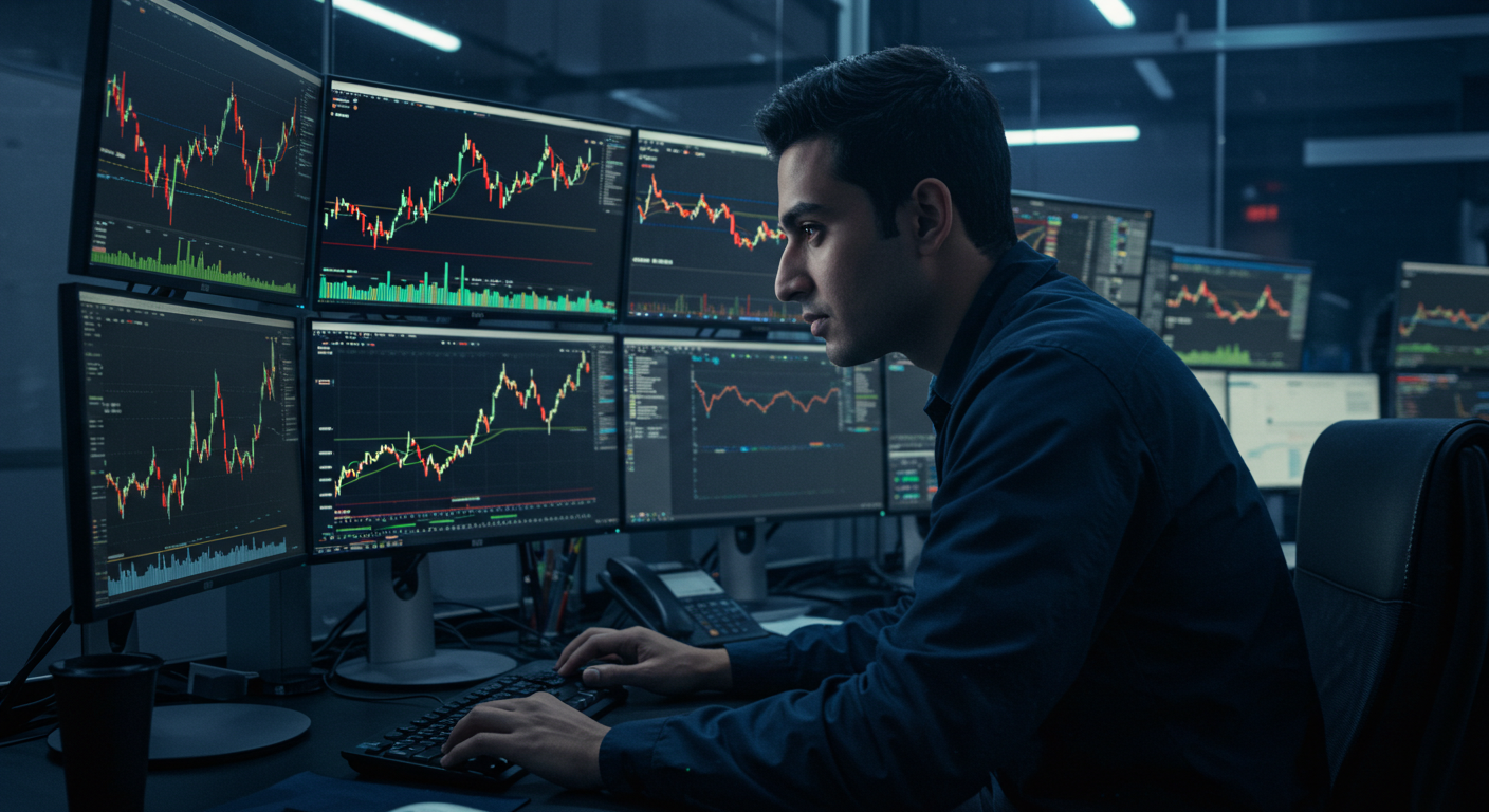 Trader analyzing trend-following strategies on multiple monitors showing market charts.