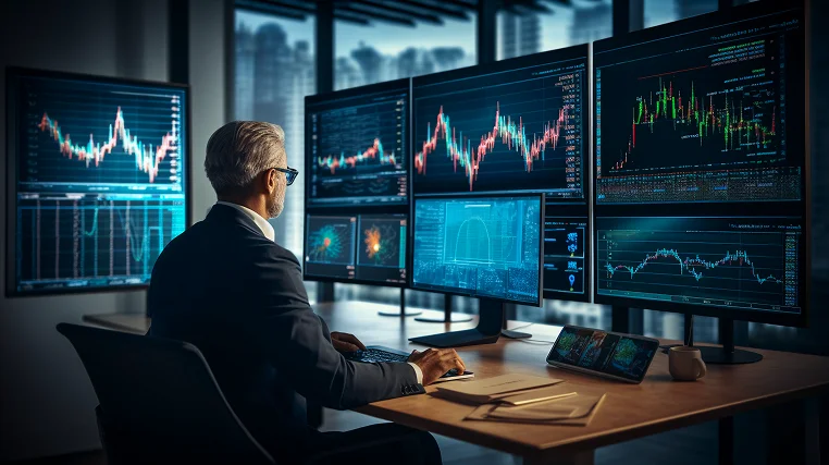 Trader reacting to live news and events with financial charts across multiple screens.