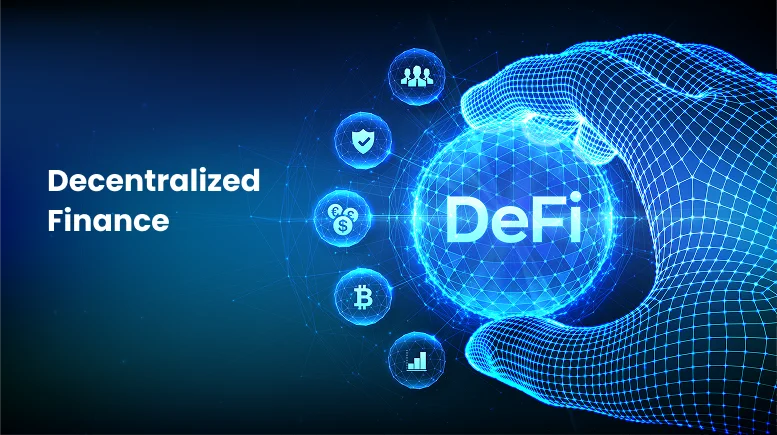 Futuristic hand holding a glowing DeFi orb, surrounded by icons for Bitcoin, security, and finance, illustrating decentralized finance growth.