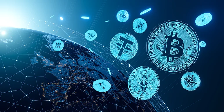 Digital crypto coins including Bitcoin, Ethereum, and Tether float over a digitally connected Earth, symbolizing global cryptocurrency infrastructure.