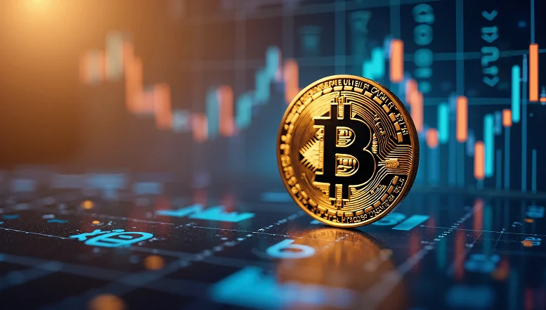 A golden Bitcoin coin stands on a digital trading interface with candlestick charts in the background, representing real-time crypto market activity.