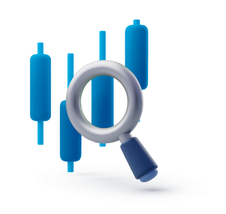 Magnifying glass analyzing candlestick charts to represent thorough market research for CFD trading.