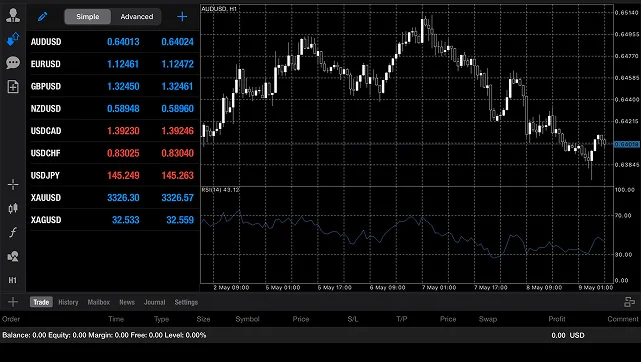Forex MetaTrader 4 (MT4) trading platform showing currency pair rates and candlestick chart with technical indicators
