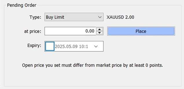 Trading interface showing pending buy limit order for gold/XAUUSD at 2.00, with price and expiry inputs