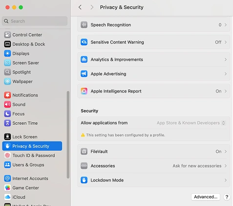 Mac privacy & security settings menu showing options for speech recognition, content warnings, and security