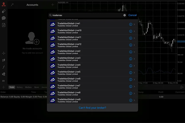 MetaTrader 4 (MT4) trading platform interface showing account list and market chart background