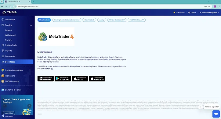 MetaTrader 4 (MT4) download page on tmgm trading platform, showing app store buttons and features