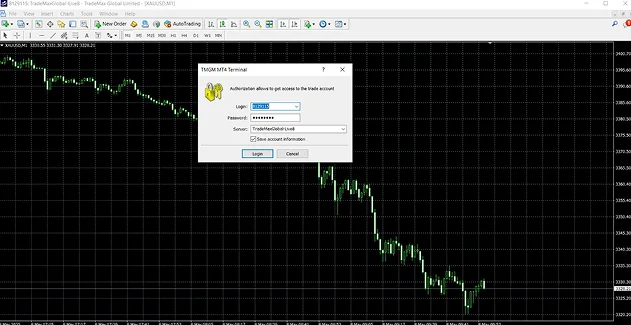 MetaTrader 4 (MT4) trading platform interface with downward stock chart and login pop-up window