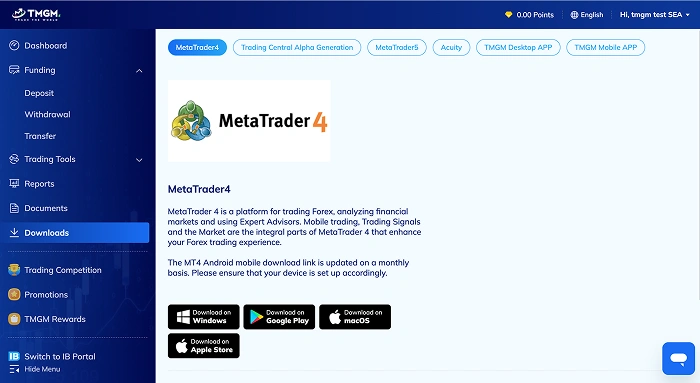 MetaTrader 4 (MT4) platform interface on tmgm trading website with download options and description