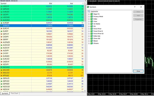 Forex MetaTrader 4 (MT4) trading platform interface showing currency pairs, rates, and market depth chart