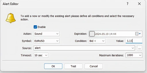 Alert editor interface with settings for currency trading alerts, including symbol and conditions