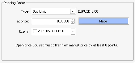 MetaTrader 4 (MT4) trading platform interface showing pending buy limit order for EUR/USD with price and expiry fields
