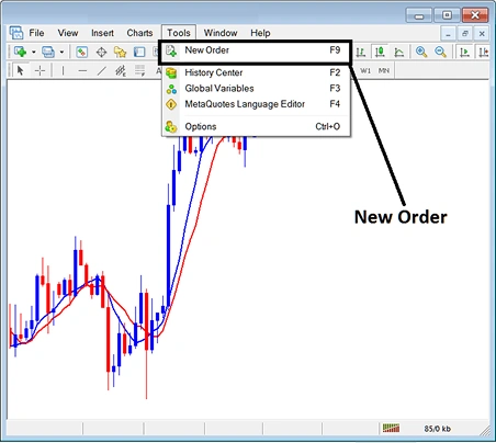 MetaTrader 4 (MT4) trading platform interface showing candlestick chart and 'New Order' menu option