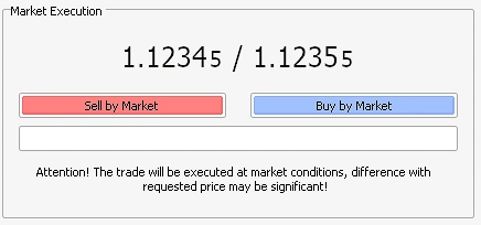 Market execution interface showing currency pair 1.12345/1.12355 with sell and buy buttons