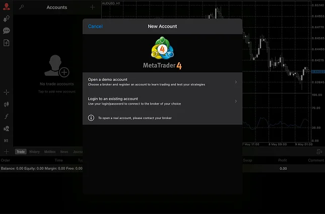 MetaTrader 4 (MT4) new account setup screen with trading chart background
