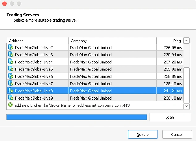 Trading servers list for TRADEMAX GLOBAL LIMITED with ping times and option to add new broker