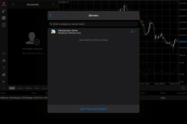 MetaTrader 4 (MT4) trading platform interface with server selection and account setup screens over market chart