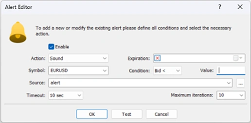 Alert editor interface with bell icon, settings for currency alerts including symbol and conditions