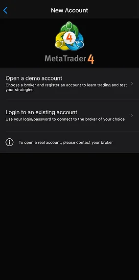 MetaTrader 4 (MT4) app login screen with options for demo and existing accounts on dark background