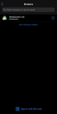 Mobile app screen showing brokers list with MetaQuotes Ltd logo and search bar