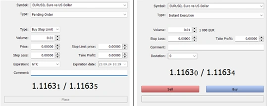 Trading interface showing EUR/USD forex order forms with buy/sell options and current exchange rates