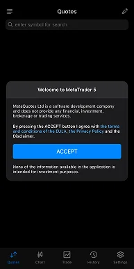 Smartphone screen showing MetaTrader 5 app welcome message and accept button on dark interface