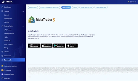 MetaTrader 5 platform description dashboard with download options
