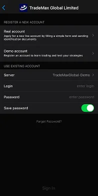 TRADEMAX GLOBAL LIMITED login screen with account options and input fields on dark background