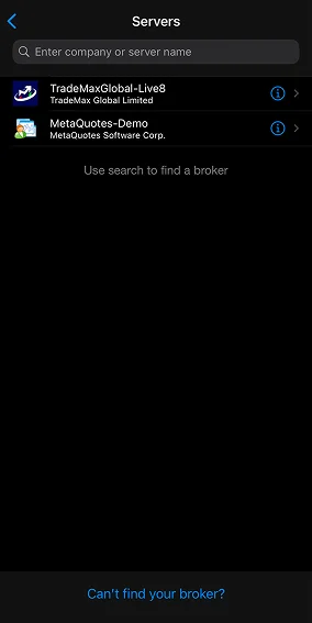 Dark mobile app interface showing server list with TRADEMAX GLOBAL and MetaQuotes options
