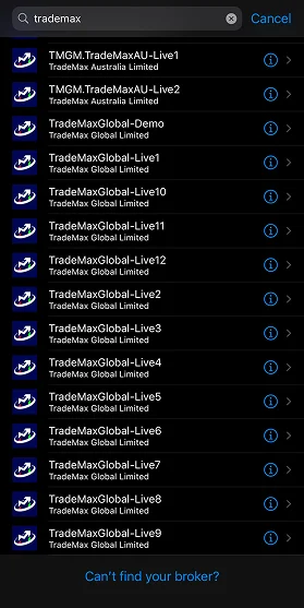 Search results for TRADEMAX brokers showing multiple account options and global demo accounts