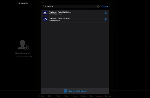 Dark mobile app interface showing trademo accounts with sign in option, financial trading platform