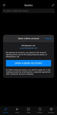 Dark mode mobile app interface showing 'Open A Demo Account' option for trading platform