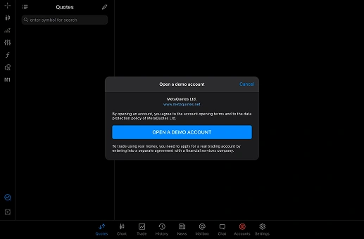 Dark mode trading app interface showing 'Open A Demo Account' pop-up with blue button