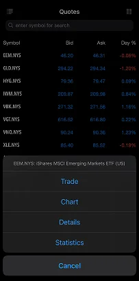 Dark themed stock market app interface showing currency pairs and price data with trade options