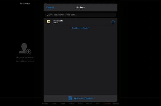Dark mode trading app interface showing broker selection and account options