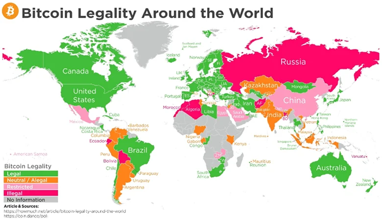 World map highlighting the legal status of Bitcoin across different countries, with color-coded classifications like legal, restricted, or illegal