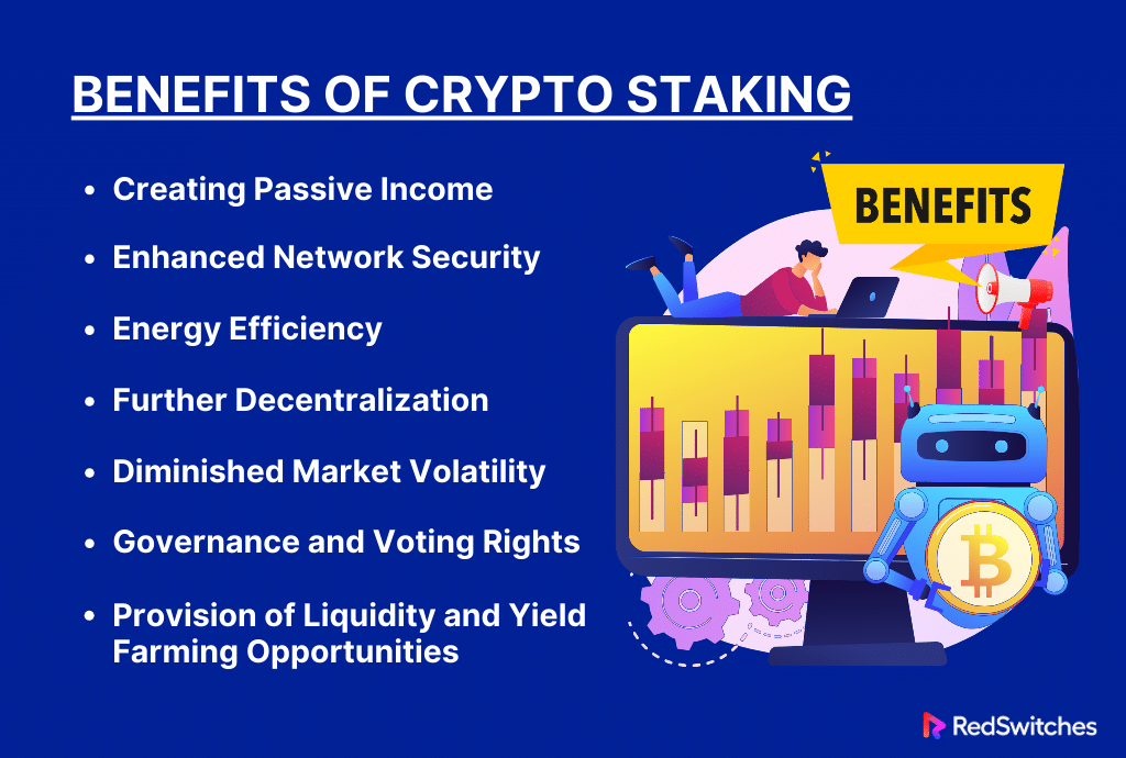 Benefits of crypto staking listed in infographic, highlighting passive income, energy efficiency, and decentralization.