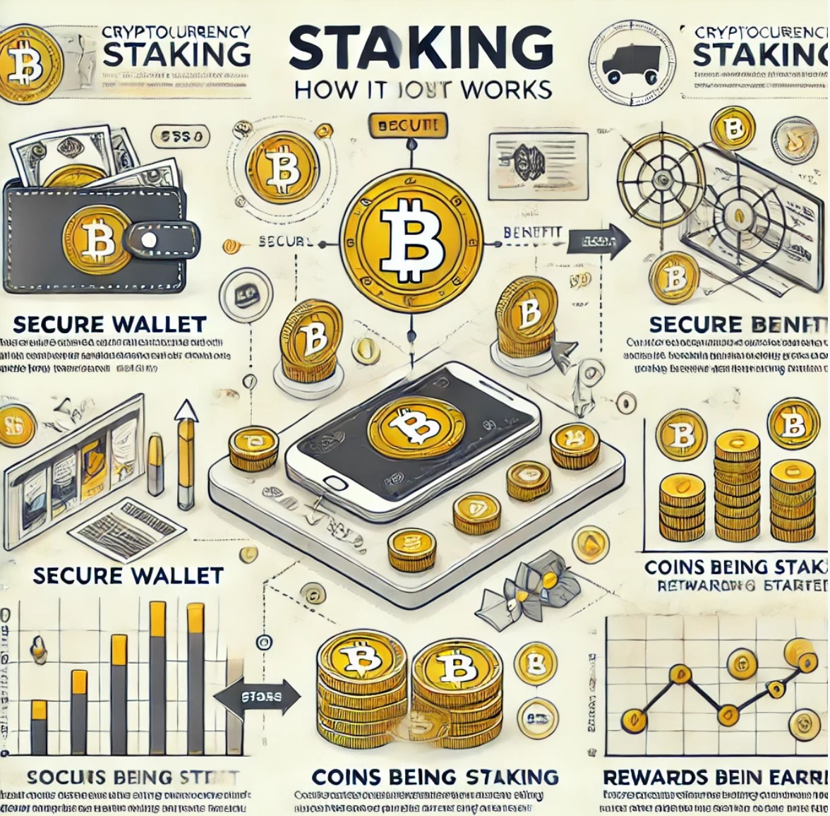 Illustrated infographic explaining how crypto staking works with secure wallets, rewards, and blockchain validation.