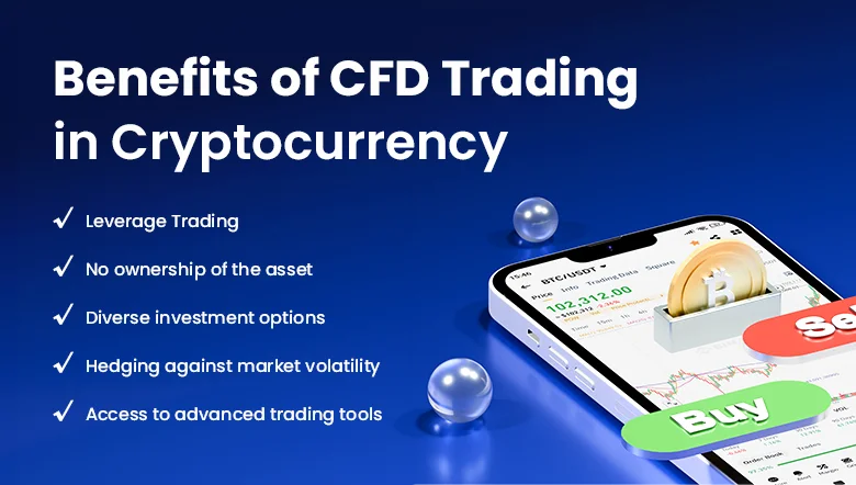 Crypto CFD trading benefits including leverage, asset-free exposure, hedging, advanced tools, and diverse investment options shown on a BTC/USDT mobile interface.