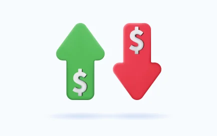 Green up arrow and red down arrow with dollar signs, representing financial trends