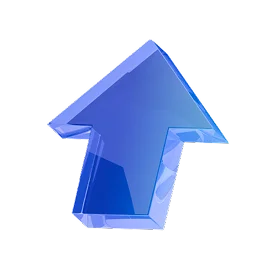 Blue 3D arrow pointing upward, glossy and shiny, isolated on white background