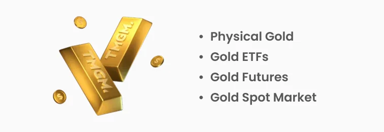 Gold investment options: physical bars, ETFs, futures, spot market with gold bar illustration