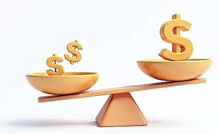 Golden dollar signs on seesaw balance, illustrating financial inequality or value comparison