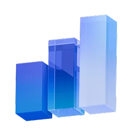 Three translucent blue geometric shapes forming ascending bar chart or cityscape silhouette
