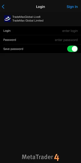 MT4 mobile app login screen with TMGM TradeMax Global Limited server selected showing 'Login' and 'Password' fields and 'Save Password' toggled on