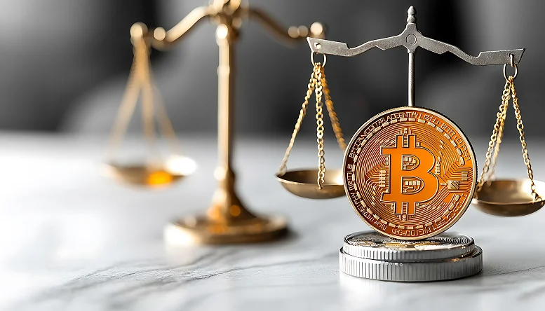 比特幣硬幣懸於天平一側的硬幣堆上，象徵加密貨幣領域的監管權衡、價值評估與法律考量