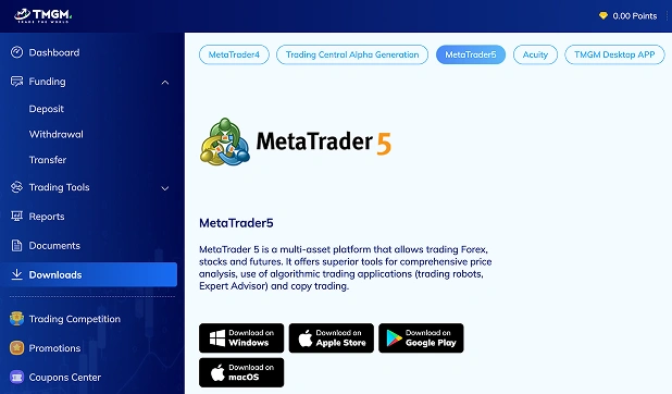 MetaTrader 5 platform interface with description and download options for multiple devices
