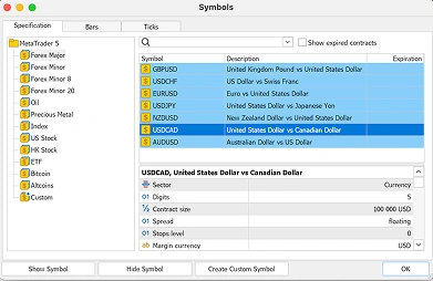 Trading platform interface showing currency pair list and usdcad details in forex trading software