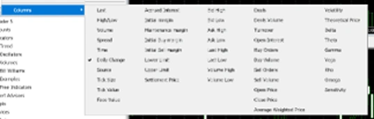 Software menu interface showing dropdown options for columns, sort, and filter functions