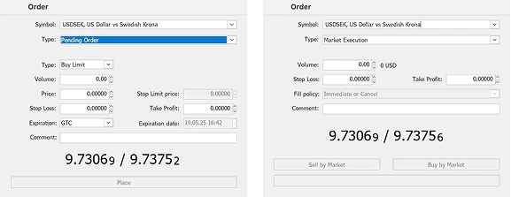 Currency exchange order form for usd/sek, showing buy and sell options with current rates displayed